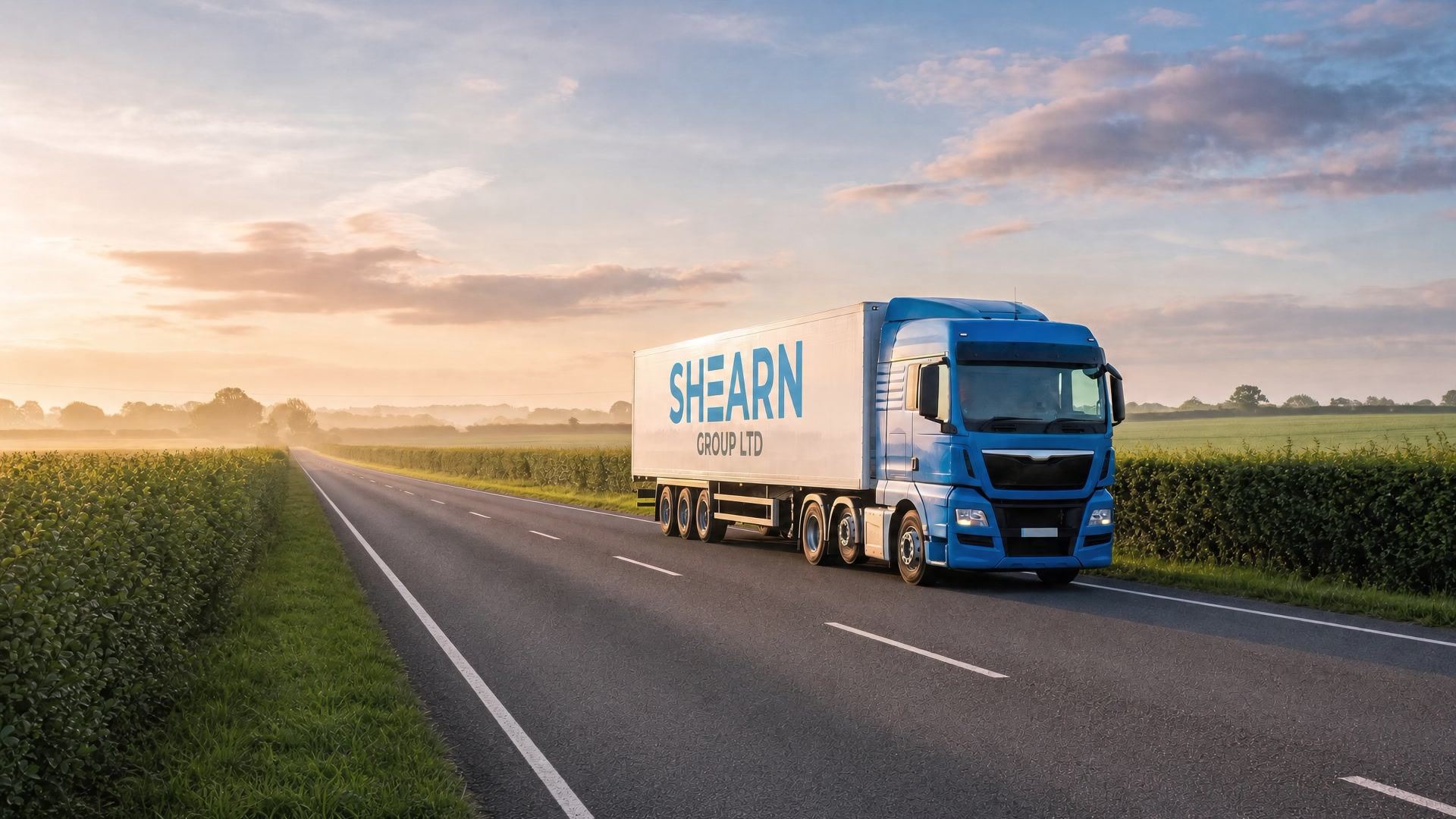 A Shearn Group lorry on a country road at sunrise